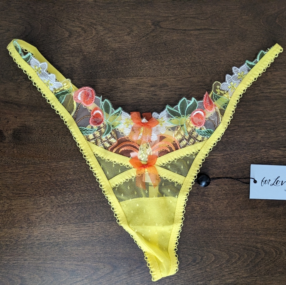For Love And Lemons Yellow Lace Embroidered Floral Thong